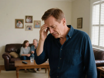 A man holding his forehead with a painful expression