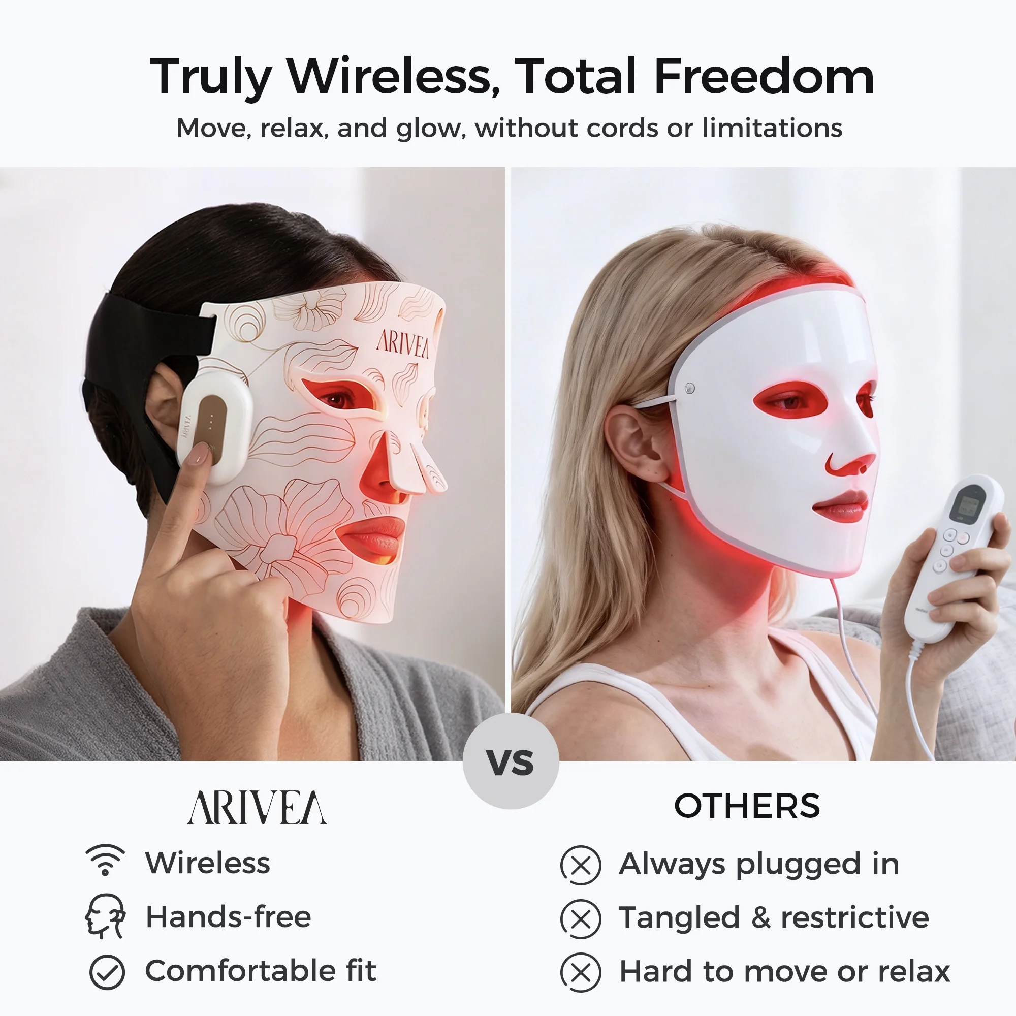 Arivea - Wireless Red Light Therapy Mask for Face, Rechargeable NIR LE